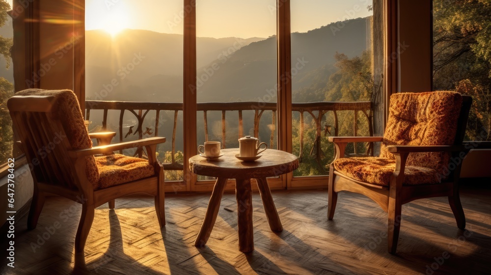 chairs and table near the window and see the mountain view in the rural villa in the morning sunrise