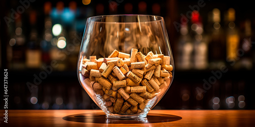 Wine corks in a glass vase on the bar counter