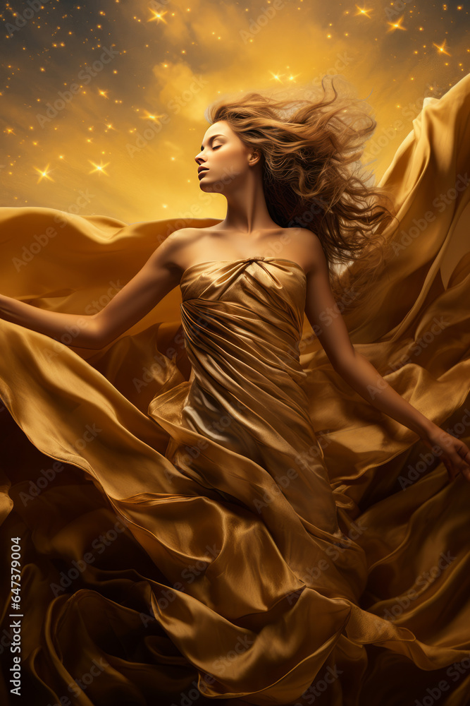 Beautiful fashion model in golden silk gown flowing fabric