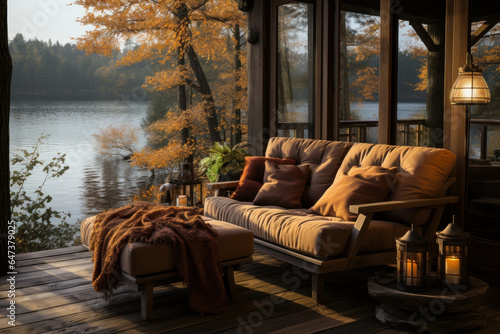 A serene cabin by a lake offers a haven for relaxation  complete with cozy furnishings and stunning water views. Generative Ai.