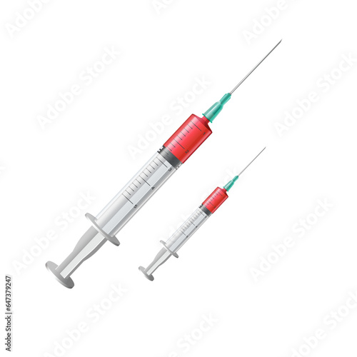 syringe Vaccine vector illustration - Syringe and vial ready to be injected. con plastic medical syringe with needle and vial in flat style, concept of vaccination, injection. Isolated vector