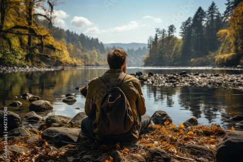 A person sits by a calm lake, engrossed in journaling as a way to process thoughts and emotions and prioritize mental wellness. Generative Ai.