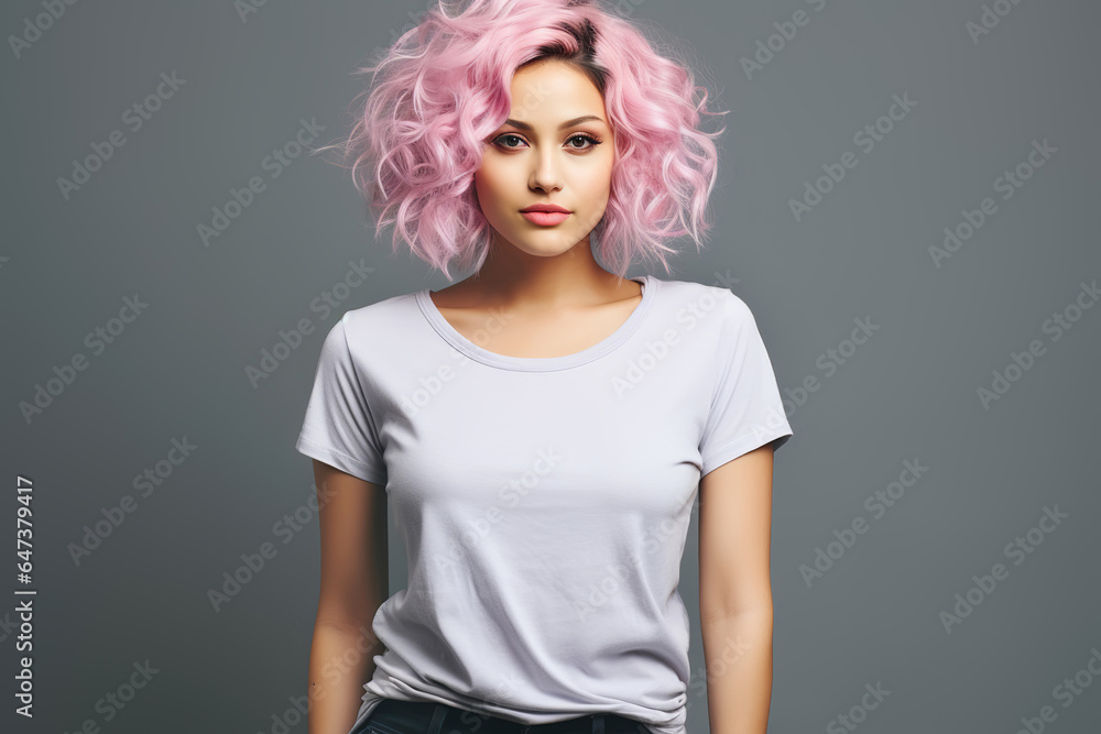 Attractive girl with pink hair wearing blank white t-shirt on grey background. Mockup for tshirt print design Attractive girl with pink hair wearing blank white t-shirt on grey background. Mockup for tshirt print design