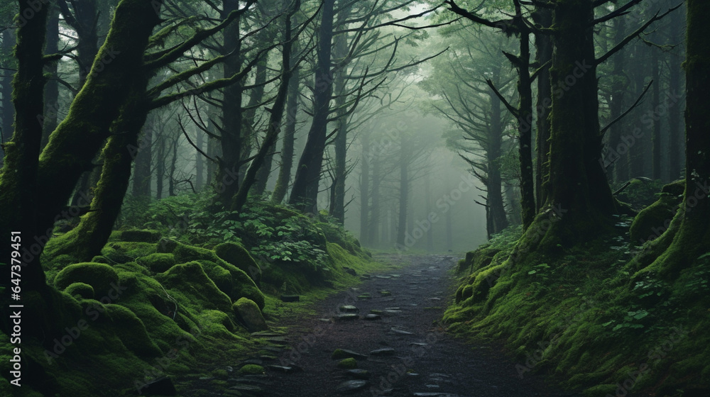 Fototapeta premium Foggy forest path in the morning