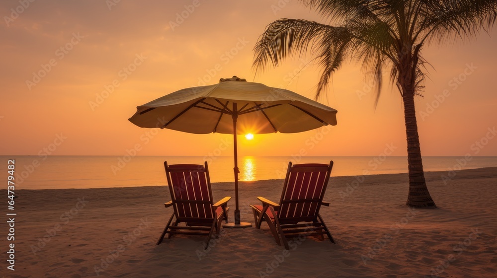 Chairs And Umbrellas Under palm trees, sunset