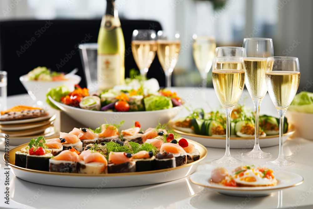 Catering buffet food. Delicious colorful fish appetizers and sparkling wine. Celebration Party Catering buffet food. Delicious colorful fish appetizers and sparkling wine. Celebration Party