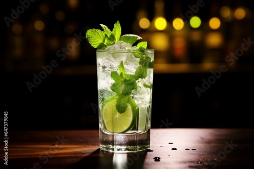Refreshing mix of mint, lime, sugar, and rum, garnished with fresh mint leaves. Served over ice. Generative AI