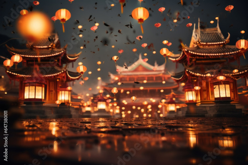 Traditional Chinese lanterns lighting up the night sky during a lantern festival, symbolizing the rich cultural heritage of China. Generative Ai.