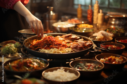 A close-up of a person's hand arranging traditional Korean dishes for a ceremonial meal, showcasing the importance of food in Korean culture. Generative Ai.