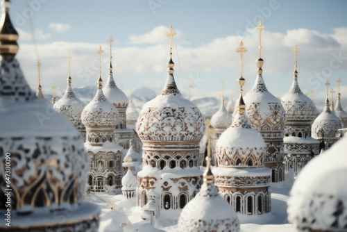 Lavish and ornate Russian Orthodox church domes against a backdrop of snow, representing the cultural and religious heritage of Russia. Generative Ai.