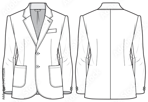 Men's notch lapel Blazer Jacket suit flat sketch fashion illustration technical drawing with front and back view. Single breast double button coat suit