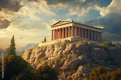 Ancient temple atop hill in Athens. Generative AI
