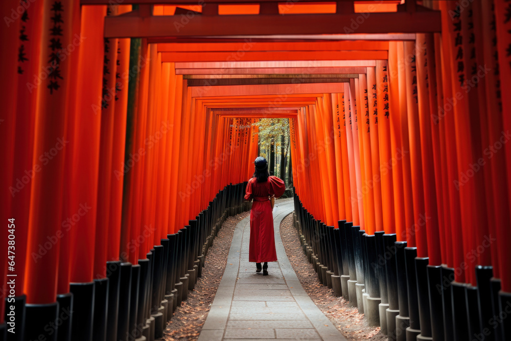 Fototapeta premium A person photographing the iconic red torii gates of a Shinto shrine in Japan, symbolizing the spiritual and cultural significance of the country. Generative Ai.