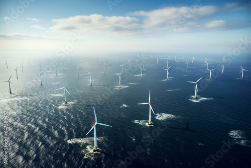 Overhead perspective of offshore windmills in the North Holland region of the Netherlands. Generative AI