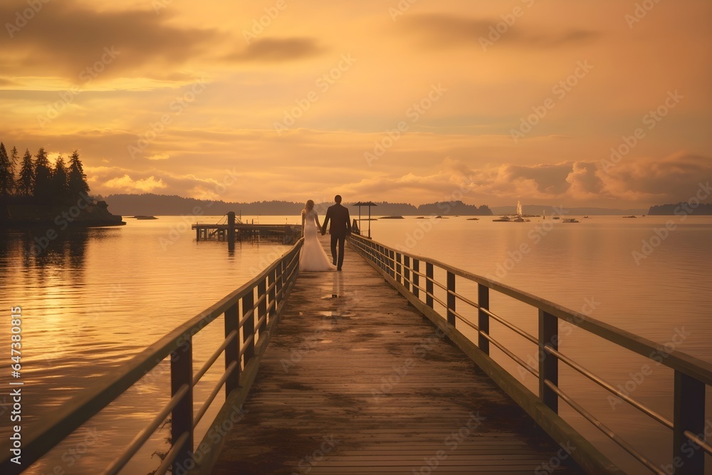 A bride and groom walking on the wooden jetty near the water during sunset