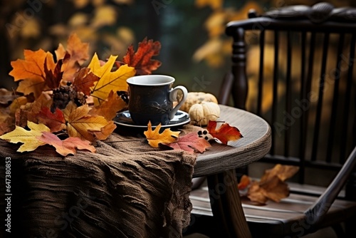 Table with fall leaves, autumn background. Generative AI