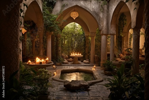 Exotic Turkish bath adorned with plants  oriental arches  and lanterns. Generative AI