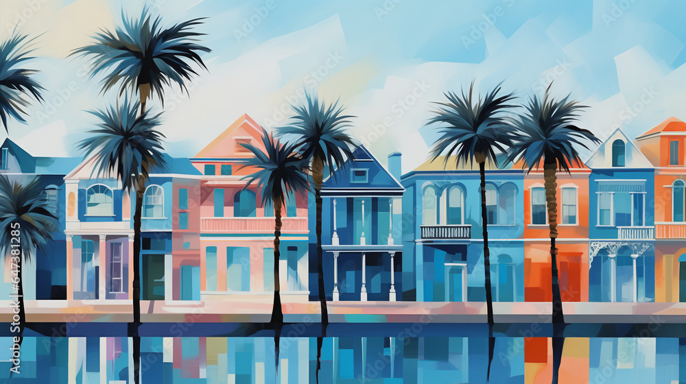 Coastal homes - I.lustration - vibrant hues - dreamy - ethereal cool - palm trees - vacation home - getaway - holiday - inspired by beach houses of coastal South Carolina 