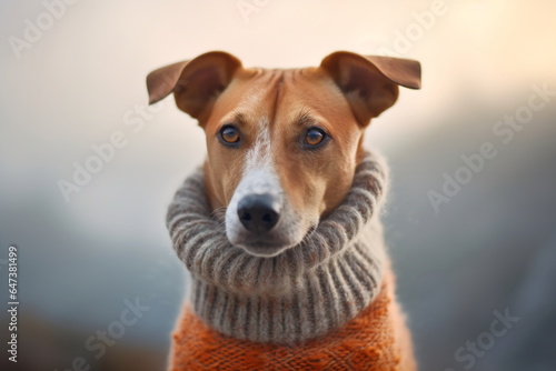 A dog in a knitted scarf or snood and a hat on a beautiful landscape on the background. Autumn or winter concept