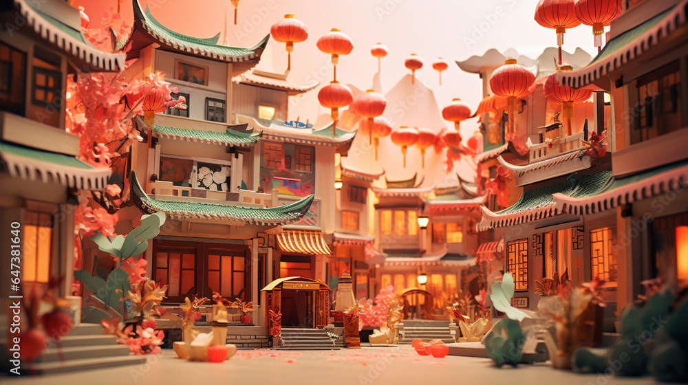 Paper art and craft design with Lunar New year festival with lamp in China town. Created using generative AI. Paper art and craft design with Lunar New year festival with lamp in China town. Created using generative AI.