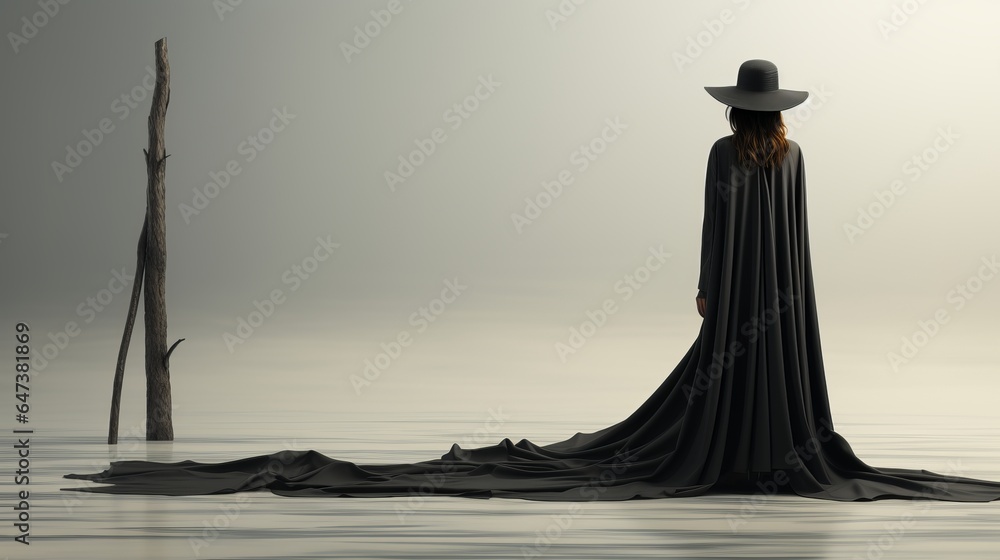 Beautiful girl in the style of a witch in Gothic clothes with a staff on a plain background. Night of the Witch or All Hallows' Eve. Concept: mysticism, game characters, Halloween. Beautiful girl in the style of a witch in Gothic clothes with a staff on a plain background. Night of the Witch or All Hallows' Eve. Concept: mysticism, game characters, Halloween.