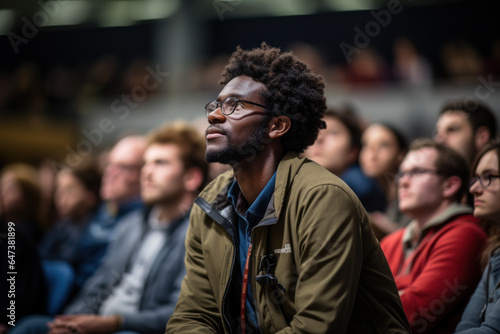 A student leaning forward with a fascinated expression, eagerly watching a guest speaker share their real-world experiences. Generative Ai. © Sebastian