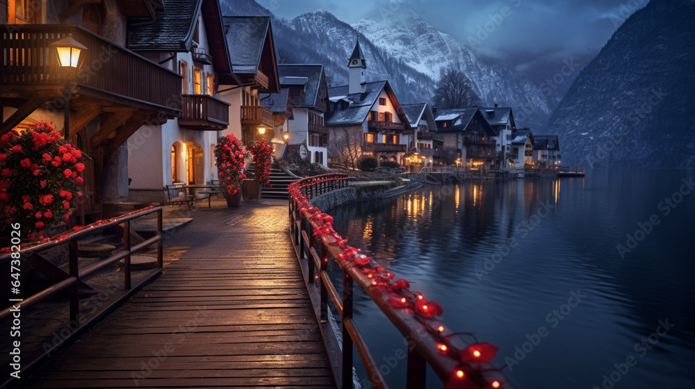 Valentine's day with Hallstatt village background decorate by rose and clear sky in paper art and craft design concept. Created using generative AI.