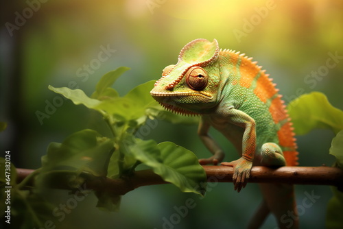 Lizard chameleon on green floral background