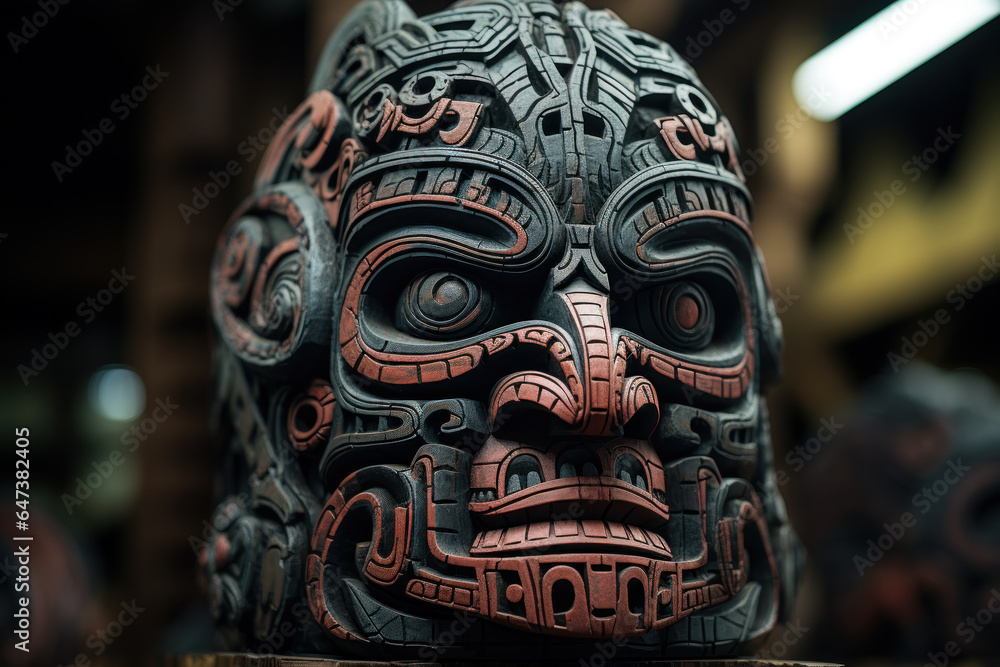 Fototapeta premium Traditional Maori carvings and artwork in New Zealand, illustrating the cultural identity and heritage of the indigenous Maori people. Generative Ai.