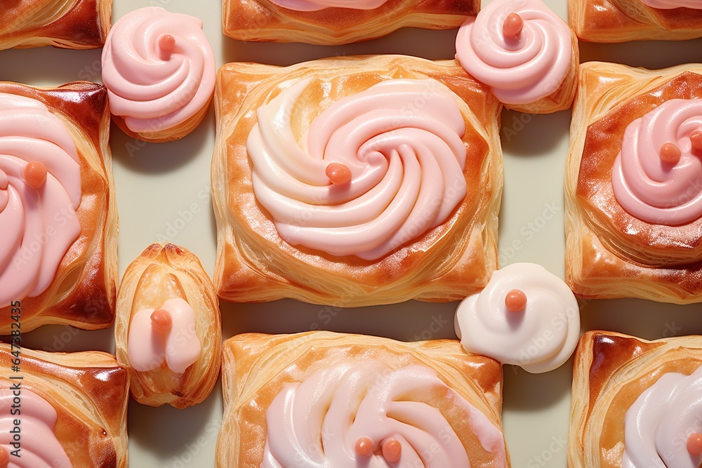 A mouthwatering display of frosted pastries, artfully arranged and invitingly sweet, beckons the senses to enjoy a delightful snack or dessert inside A mouthwatering display of frosted pastries, artfully arranged and invitingly sweet, beckons the senses to enjoy a delightful snack or dessert inside