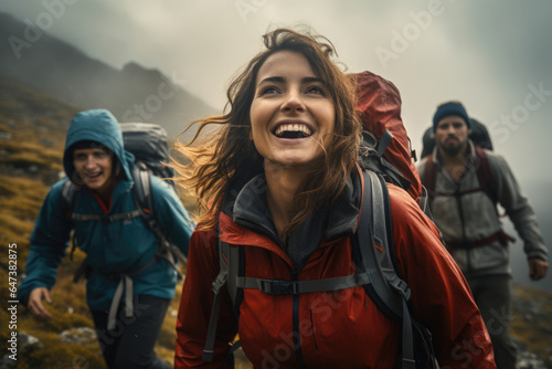Joyful expressions of friends as they reach the mountain summit during a hike. Generative Ai.