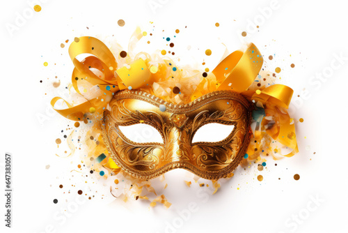 Golden carnival mask, with confetti, white background