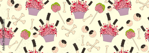 Colorful seamless pattern on the Halloween theme. Pie with brain and knives, bones, eyes. Retro cartoon elements. Contemporary vector background.