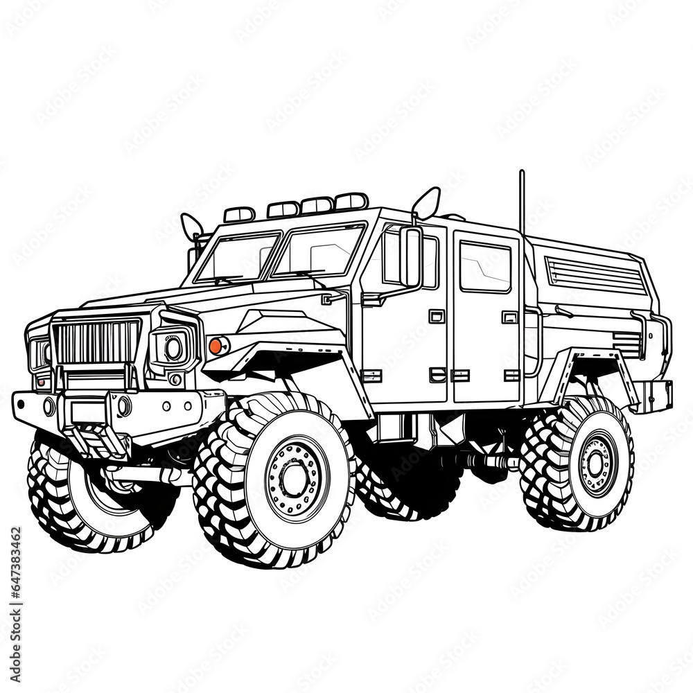 Outline drawing of Cartoon military monster truck car concept, army car coloring page line art, vehicle from side and front view. Vector doodle illustration, design for coloring book or print.