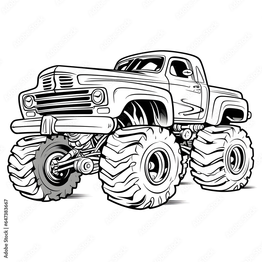 Outline drawing of Cartoon monster truck car concept, car coloring page line art, vehicle from side and front view. Vector doodle illustration, design for coloring book or print