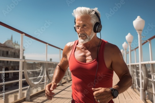 Fit elderly man out for a jog on the boardwalk.