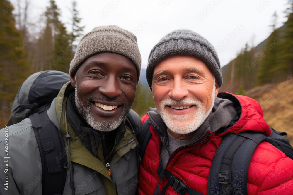Elderly LGBTQ+ Couple Embracing Nature on a Hike Elderly LGBTQ+ Couple Embracing Nature on a Hike