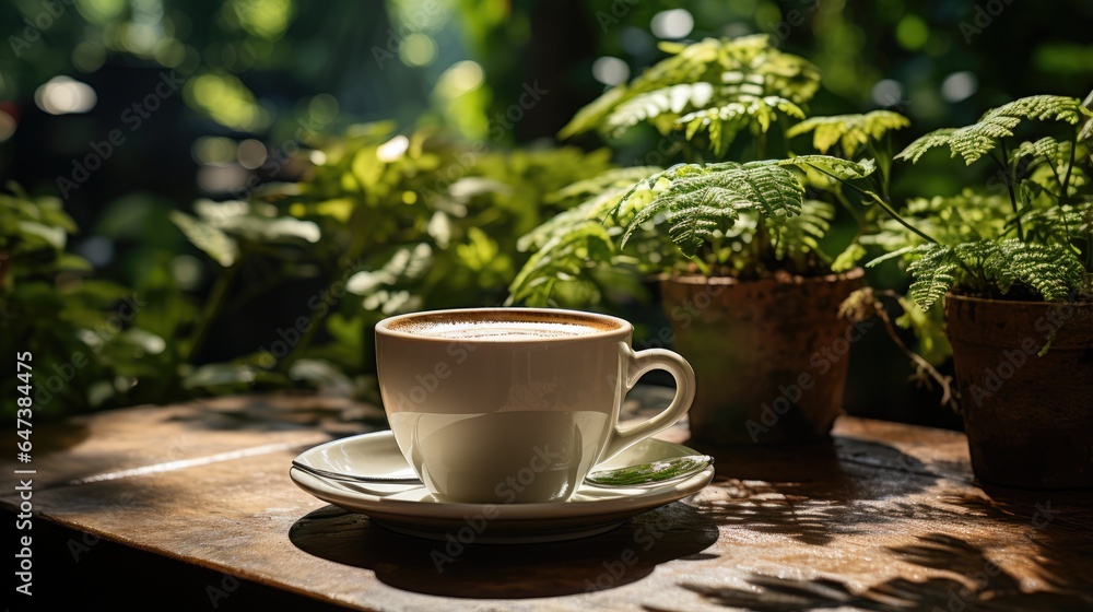 coffee cup is placed in a hand against the backdrop of a beautiful cool yard garden landscape