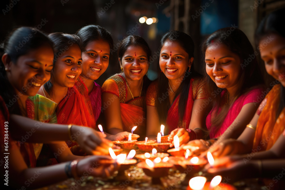 Joyful Diwali Celebrations: Women Lighting Oil Lamps Joyful Diwali Celebrations: Women Lighting Oil Lamps