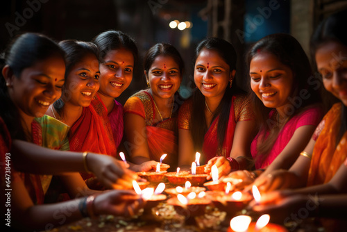 Joyful Diwali Celebrations: Women Lighting Oil Lamps