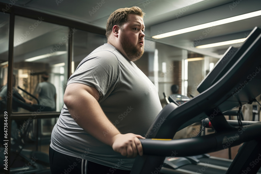 Determined Overweight Man Exercising on Treadmill Determined Overweight Man Exercising on Treadmill
