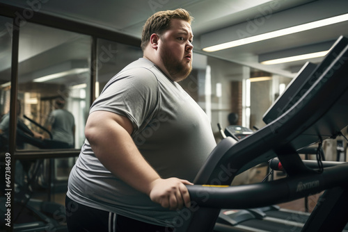 Determined Overweight Man Exercising on Treadmill