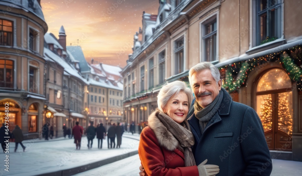 60yo 70yo mature married couple together against the backdrop of European city on christmas eve. Retired tourism, welfare