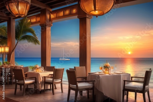 Outdoor restaurant at the beach. Table setting at tropical beach restaurant. beautiful sunset sky, sea view. Luxury hotel or resort restaurant © useful pictures