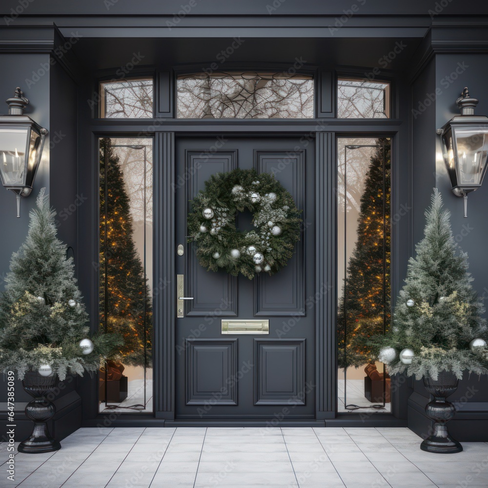 Main door to the luxury house with christmas decoration, beautiful festive entrance, modern and elegant door, Winter time, Mockup