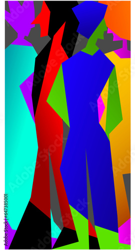 fashion catwalk concept, contemporary silhouette of fashioned people in shape of multicolored geometric pattern. (ID: 647385001)