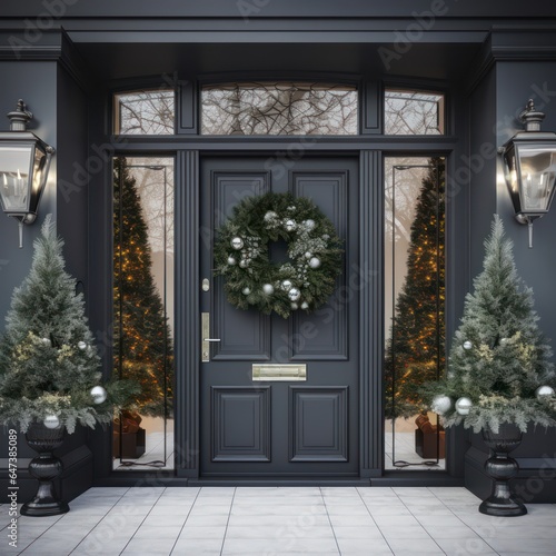 Main door to the luxury house with christmas decoration  beautiful festive entrance  modern and elegant door  Winter time  Mockup
