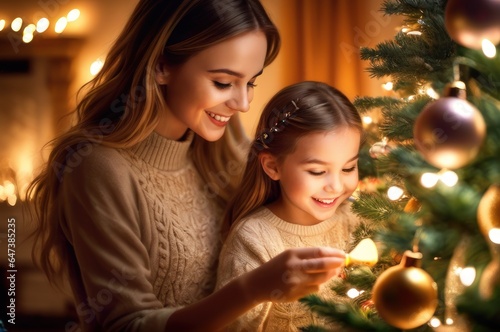 positive overjoyed adorable caucasian pretty girl decorating Christmas tree with happy Daughter, putting toys on branches, enjoying preparing for New Year celebration at home, miracle time concept © useful pictures