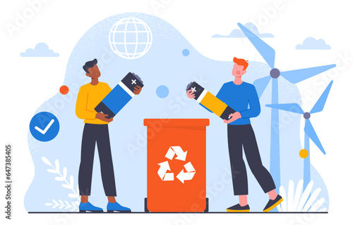 People with battery disposal concept. Men with electrical components near trashcan. Caring for ecology and environment, nature. Reducing emission of hazardous waste. Cartoon flat vector illustration