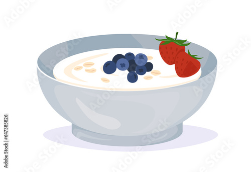 Healthy breakfast milk porridge concept. Dish of oatmeal with berries, blueberries and strawberries. Dessert and delicacy. Cartoon flat vector illustration isolated on white background